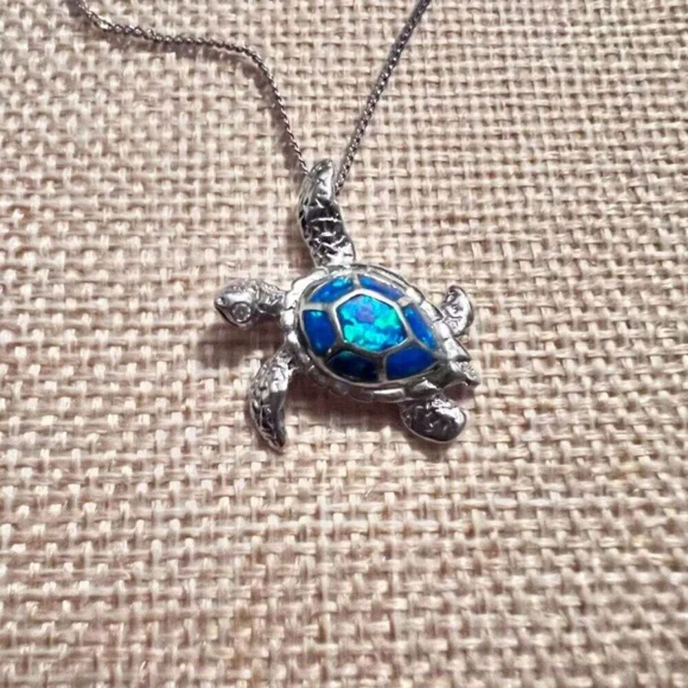 925 Sterling Silver Opal Sea Turtle 17” Sterling Chain